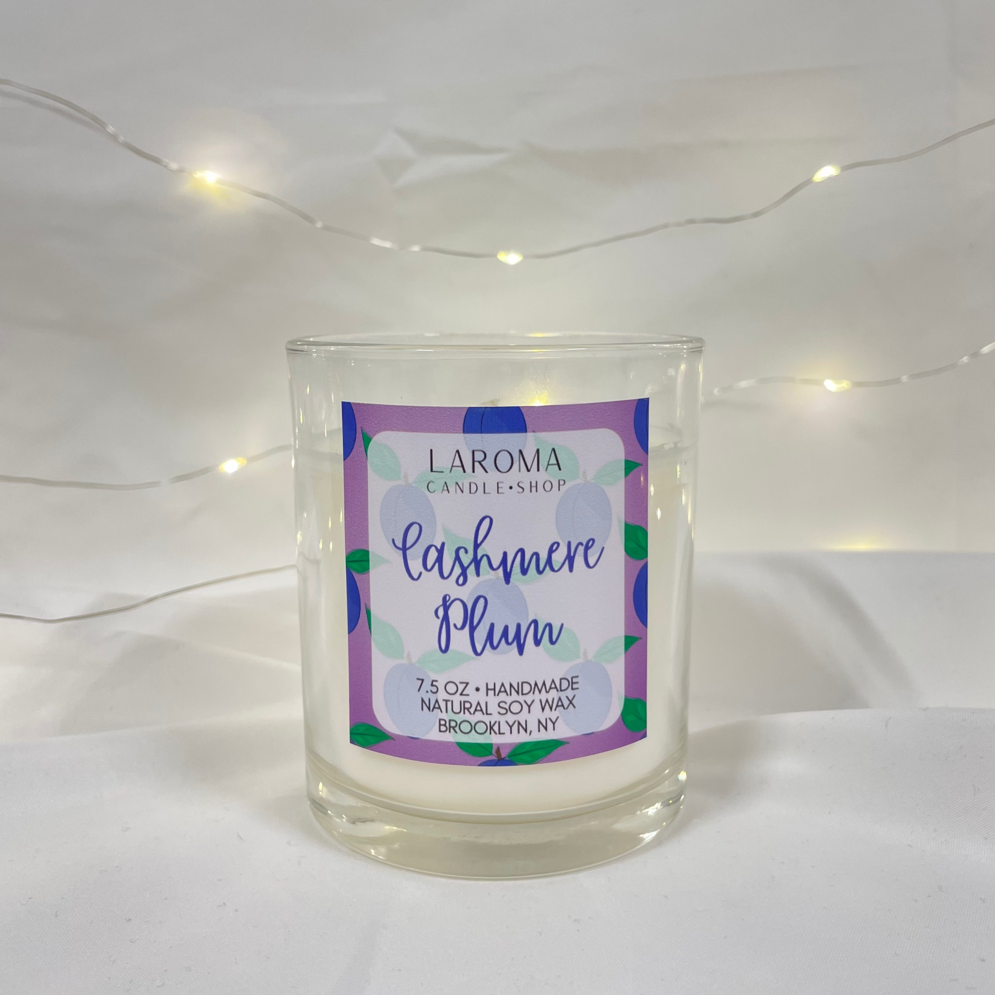cashmere soy candle, clear glass, modern, plum